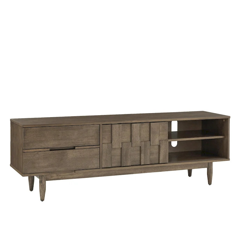 Meuble TV de style mi-siècle en hévéa, 2 tiroirs et porte coulissante, gris anthracite / tabac, 178 cm