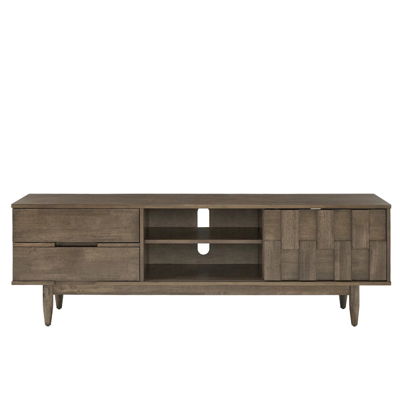 Meuble TV de style mi-siècle en hévéa, 2 tiroirs et porte coulissante, gris anthracite / tabac, 178 cm