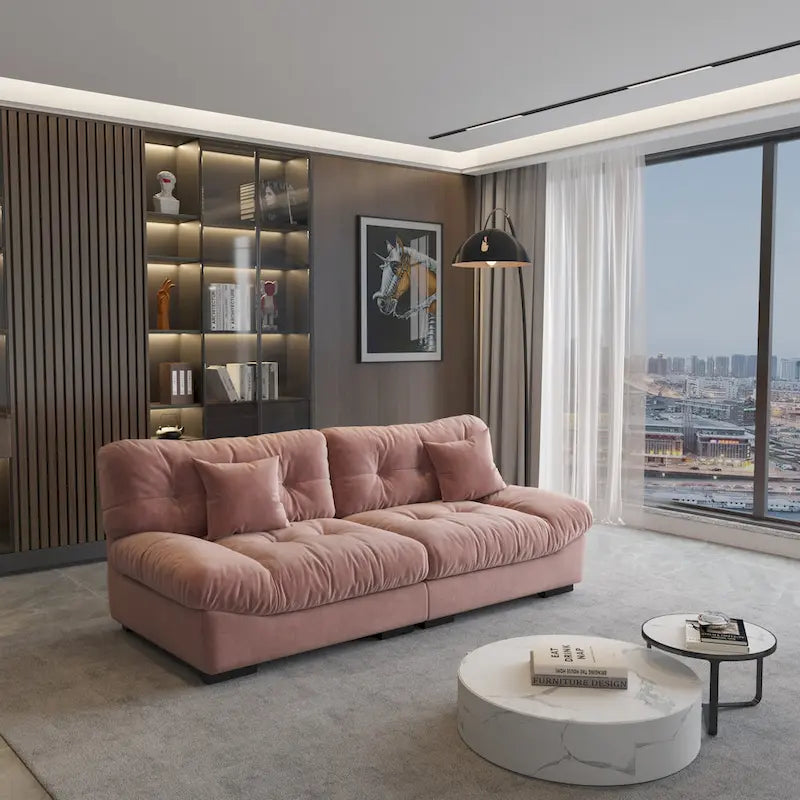 Causeuse minimaliste en velours beige/rose/gris, garnie de plumes et de mousse, 2 places