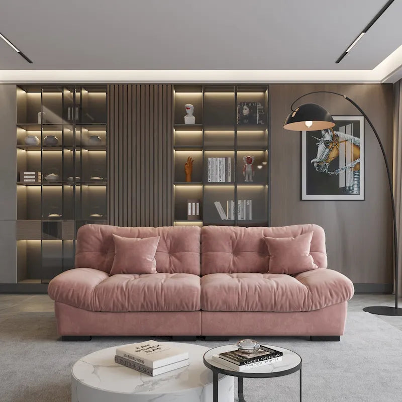 Causeuse minimaliste en velours beige/rose/gris, garnie de plumes et de mousse, 2 places