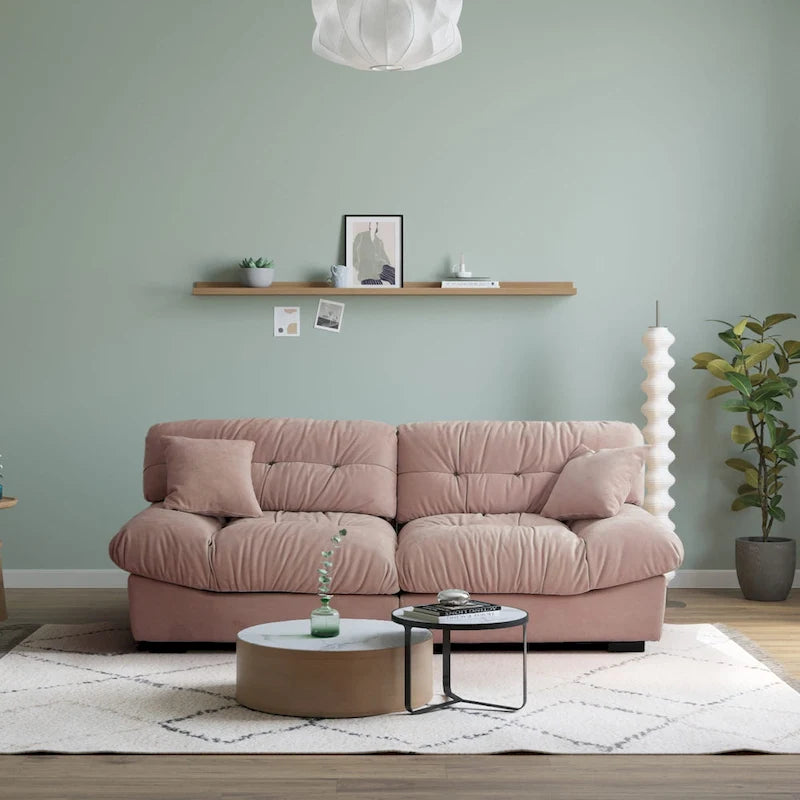 Causeuse minimaliste en velours beige/rose/gris, garnie de plumes et de mousse, 2 places