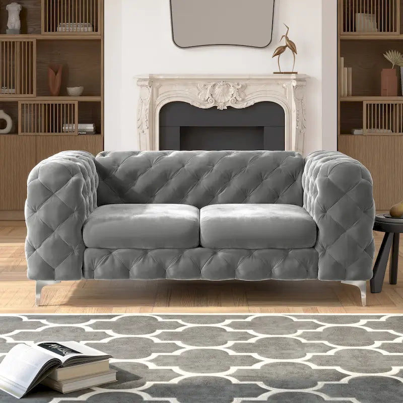 Causeuse capitonnée en velours de style Chesterfield, 2 places — Bleu français / Gris / Bleu marine / Sarcelle