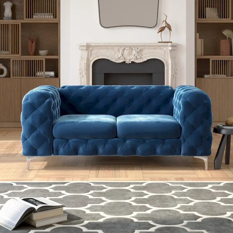 Causeuse capitonnée en velours de style Chesterfield, 2 places — Bleu français / Gris / Bleu marine / Sarcelle