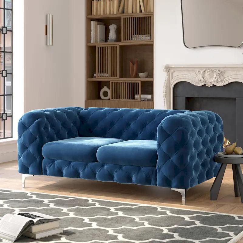 Causeuse capitonnée en velours de style Chesterfield, 2 places — Bleu français / Gris / Bleu marine / Sarcelle