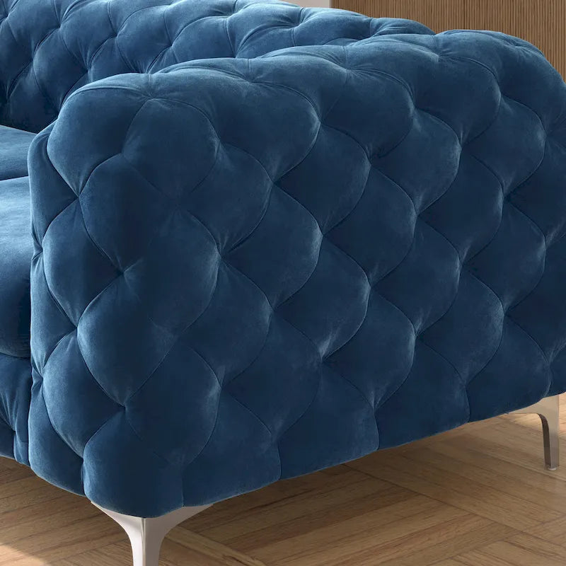 Causeuse capitonnée en velours de style Chesterfield, 2 places — Bleu français / Gris / Bleu marine / Sarcelle