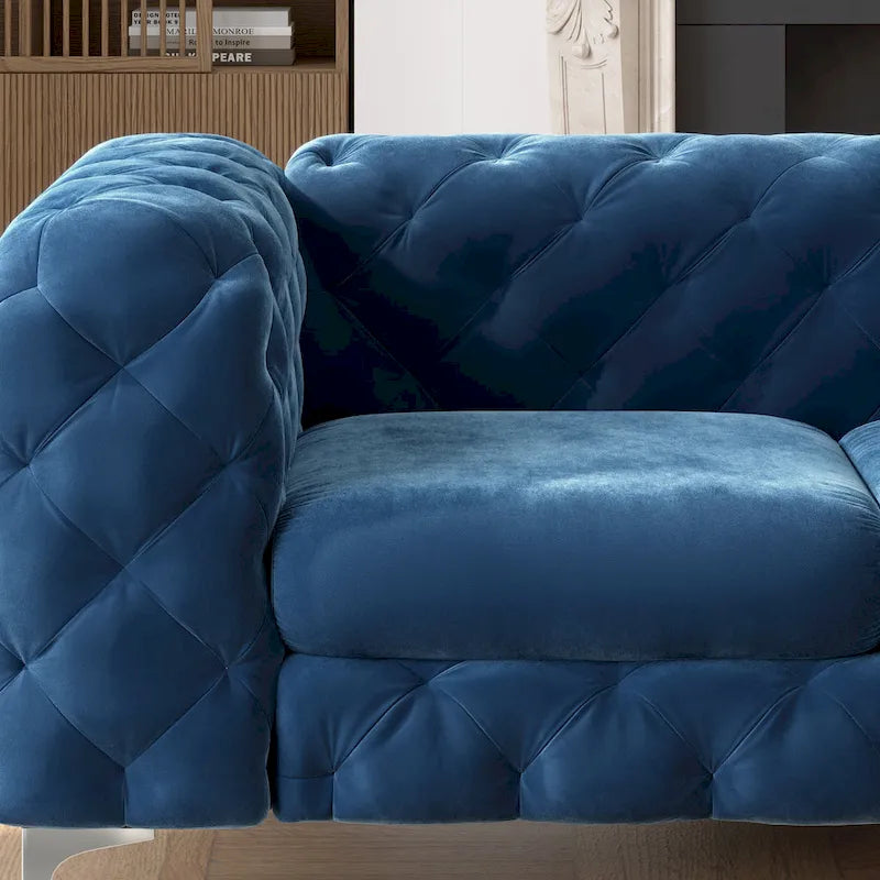 Causeuse capitonnée en velours de style Chesterfield, 2 places — Bleu français / Gris / Bleu marine / Sarcelle