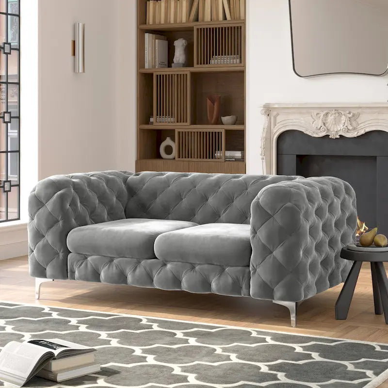Causeuse capitonnée en velours de style Chesterfield, 2 places — Bleu français / Gris / Bleu marine / Sarcelle