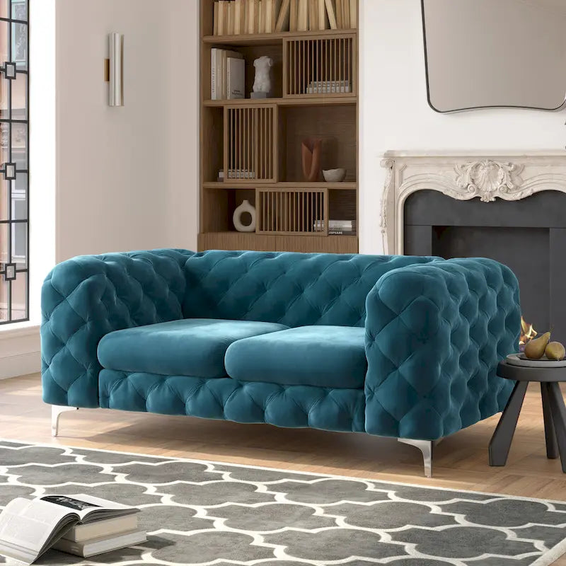 Causeuse capitonnée en velours de style Chesterfield, 2 places — Bleu français / Gris / Bleu marine / Sarcelle