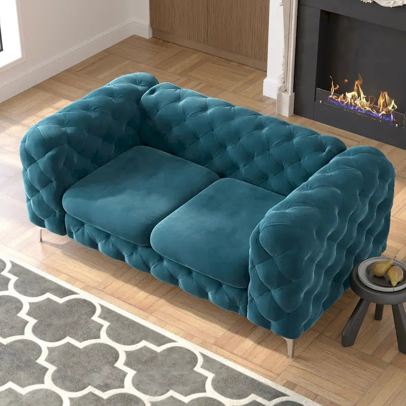 Causeuse capitonnée en velours de style Chesterfield, 2 places — Bleu français / Gris / Bleu marine / Sarcelle