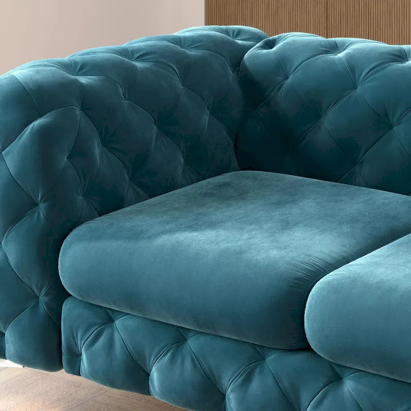 Causeuse capitonnée en velours de style Chesterfield, 2 places — Bleu français / Gris / Bleu marine / Sarcelle