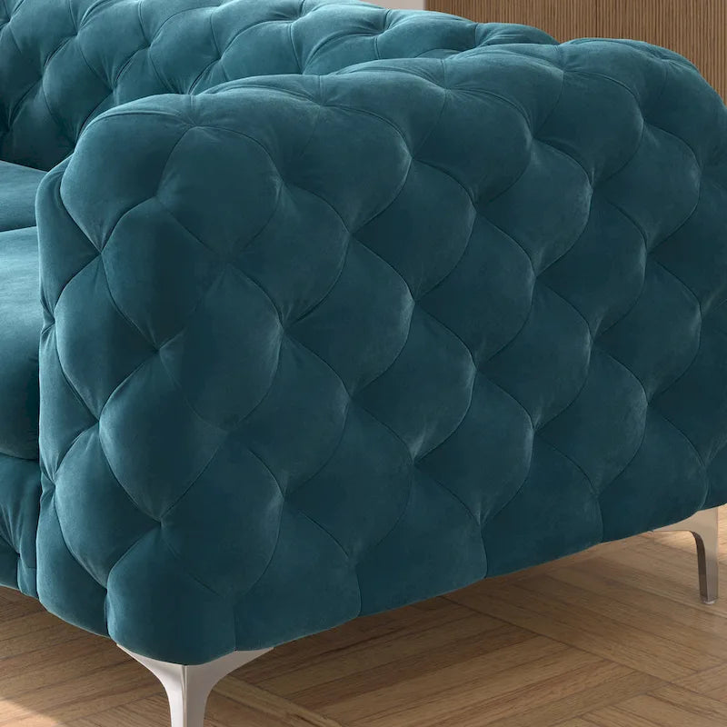Causeuse capitonnée en velours de style Chesterfield, 2 places — Bleu français / Gris / Bleu marine / Sarcelle