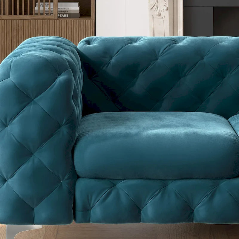Causeuse capitonnée en velours de style Chesterfield, 2 places — Bleu français / Gris / Bleu marine / Sarcelle