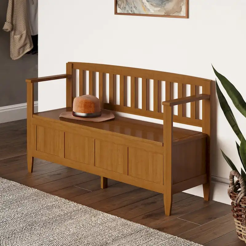 Banc de rangement contemporain en bois massif pour entrée avec couvercle à charnière, 2 places — Plusieurs couleurs