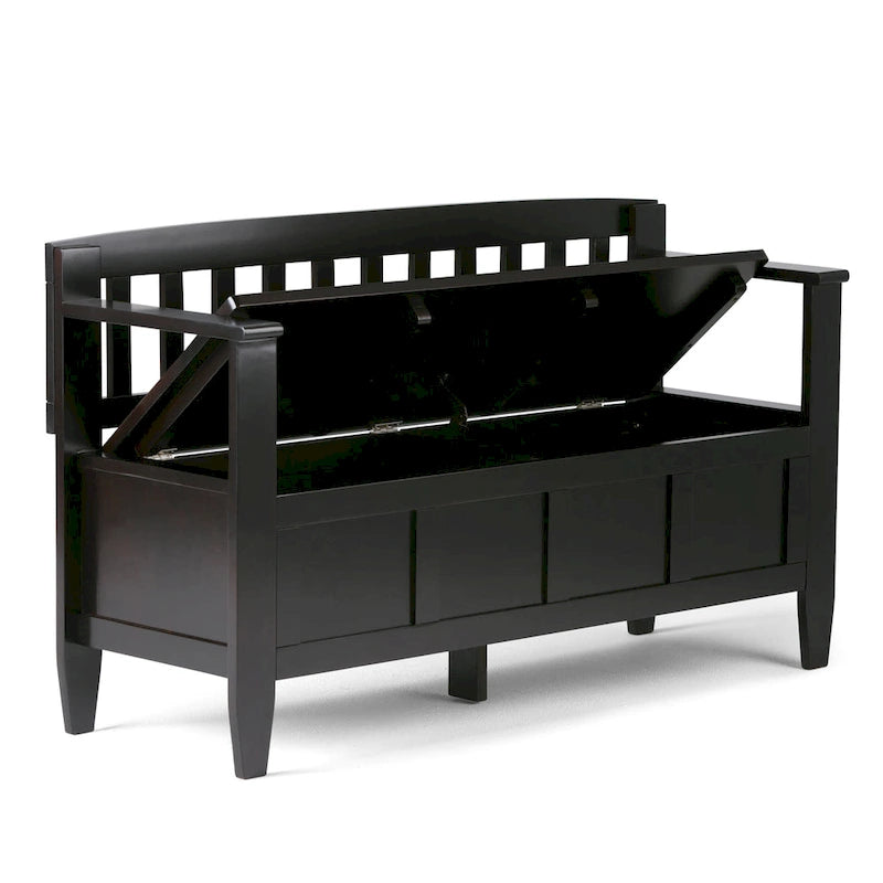 Banc de rangement contemporain en bois massif pour entrée avec couvercle à charnière, 2 places — Plusieurs couleurs