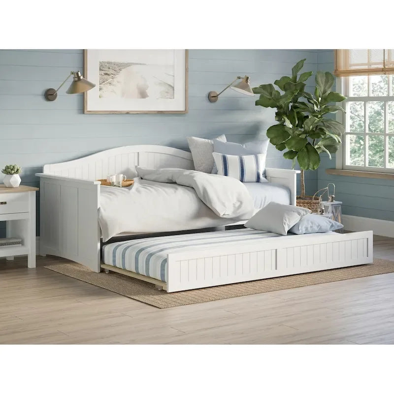 Lit de repos en bois Twin Beadboard avec lit gigogne, blanc / noyer / gris / caramel clair, pour 2