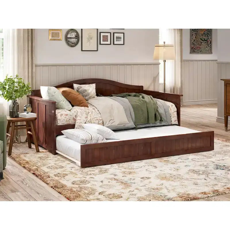 Lit de repos en bois Twin Beadboard avec lit gigogne, blanc / noyer / gris / caramel clair, pour 2