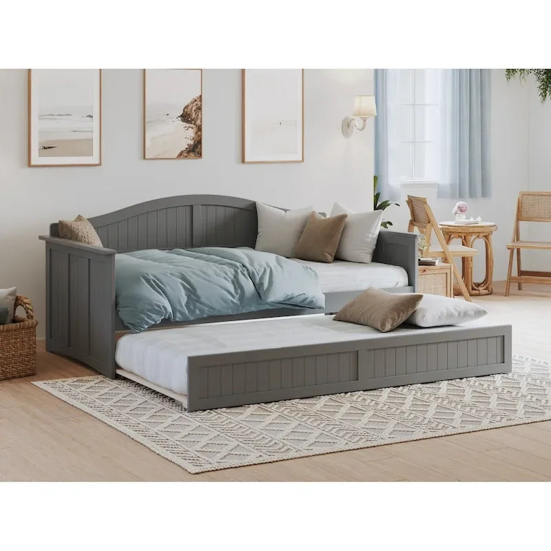 Lit de repos en bois Twin Beadboard avec lit gigogne, blanc / noyer / gris / caramel clair, pour 2