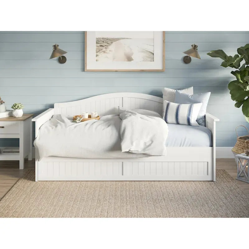 Lit de repos en bois Twin Beadboard avec lit gigogne, blanc / noyer / gris / caramel clair, pour 2