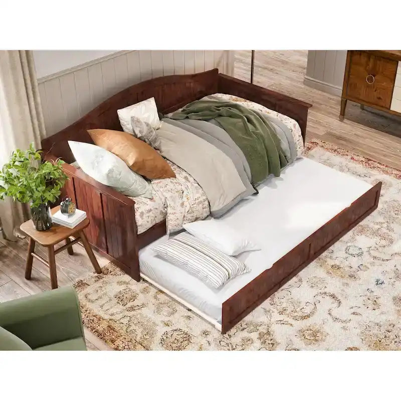 Lit de repos en bois Twin Beadboard avec lit gigogne, blanc / noyer / gris / caramel clair, pour 2