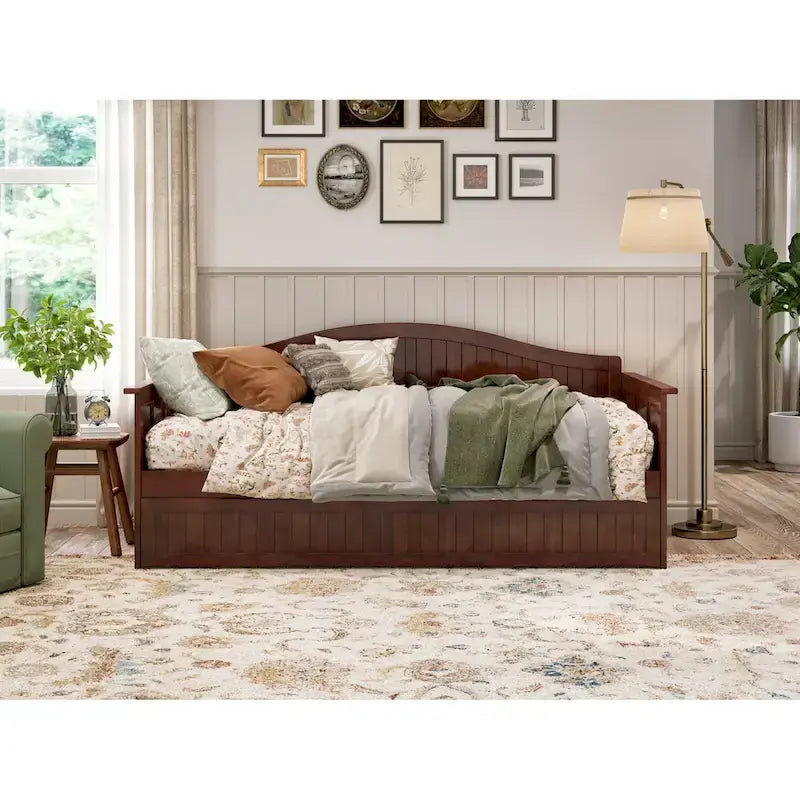 Lit de repos en bois Twin Beadboard avec lit gigogne, blanc / noyer / gris / caramel clair, pour 2