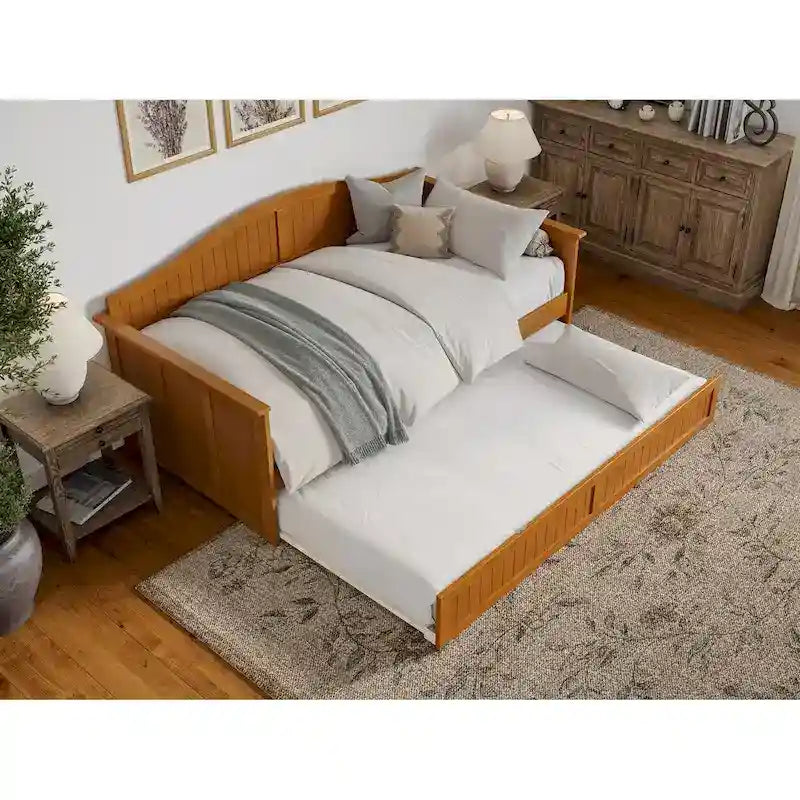 Lit de repos en bois Twin Beadboard avec lit gigogne, blanc / noyer / gris / caramel clair, pour 2