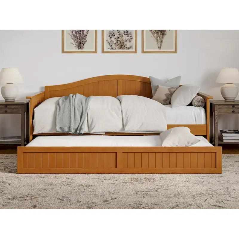 Lit de repos en bois Twin Beadboard avec lit gigogne, blanc / noyer / gris / caramel clair, pour 2