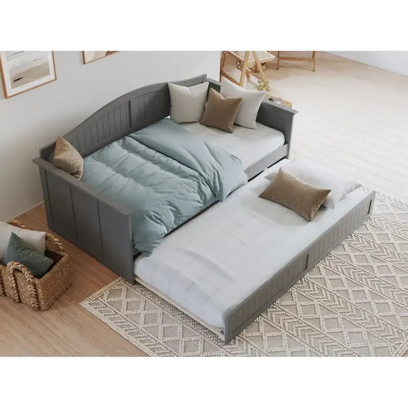 Lit de repos en bois Twin Beadboard avec lit gigogne, blanc / noyer / gris / caramel clair, pour 2
