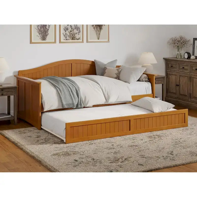 Lit de repos en bois Twin Beadboard avec lit gigogne, blanc / noyer / gris / caramel clair, pour 2