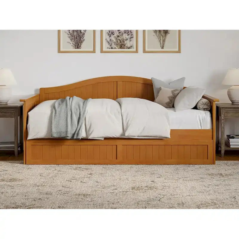 Lit de repos en bois Twin Beadboard avec lit gigogne, blanc / noyer / gris / caramel clair, pour 2