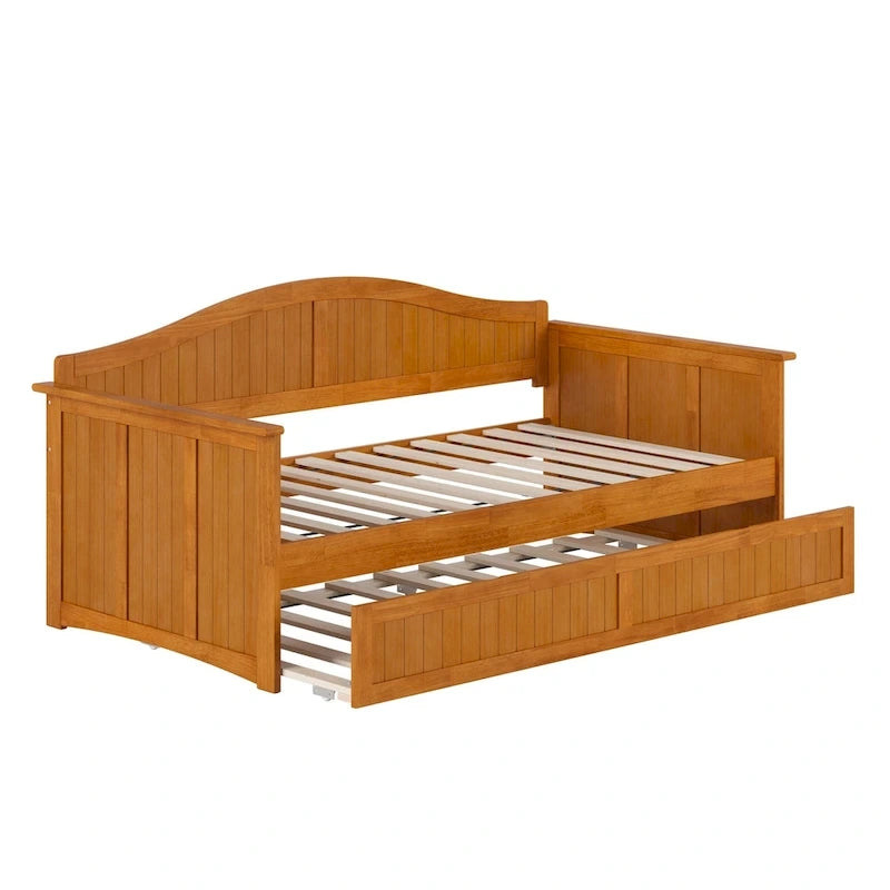 Lit de repos en bois Twin Beadboard avec lit gigogne, blanc / noyer / gris / caramel clair, pour 2
