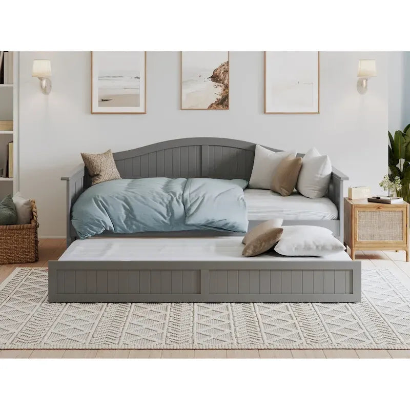 Lit de repos en bois Twin Beadboard avec lit gigogne, blanc / noyer / gris / caramel clair, pour 2