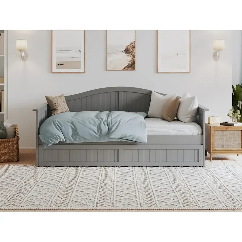 Lit de repos en bois Twin Beadboard avec lit gigogne, blanc / noyer / gris / caramel clair, pour 2