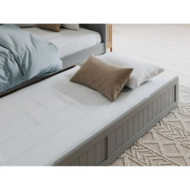 Lit de repos en bois Twin Beadboard avec lit gigogne, blanc / noyer / gris / caramel clair, pour 2
