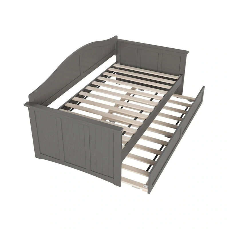 Lit de repos en bois Twin Beadboard avec lit gigogne, blanc / noyer / gris / caramel clair, pour 2