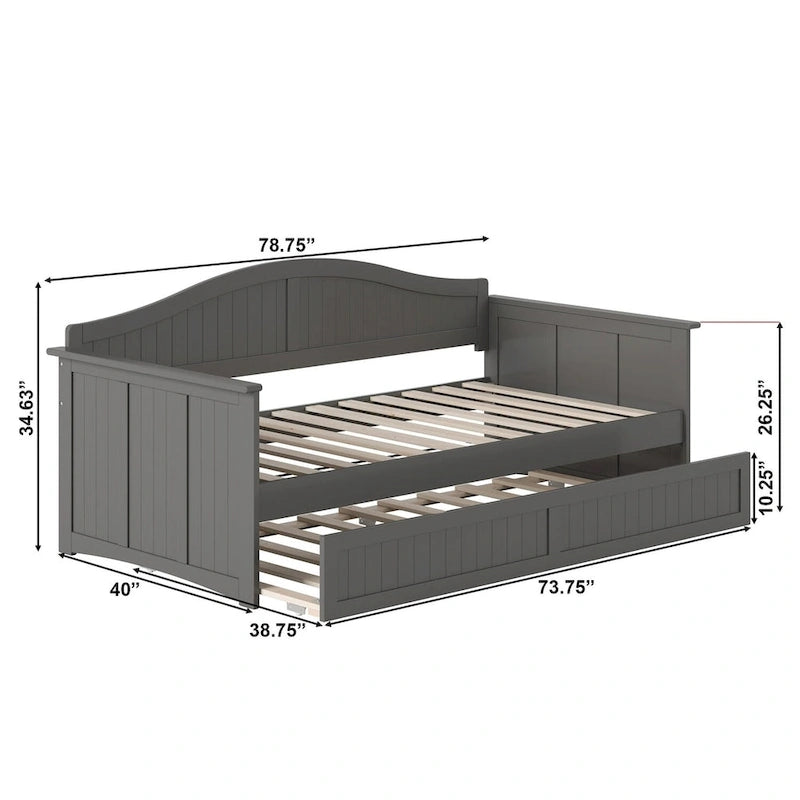 Lit de repos en bois Twin Beadboard avec lit gigogne, blanc / noyer / gris / caramel clair, pour 2