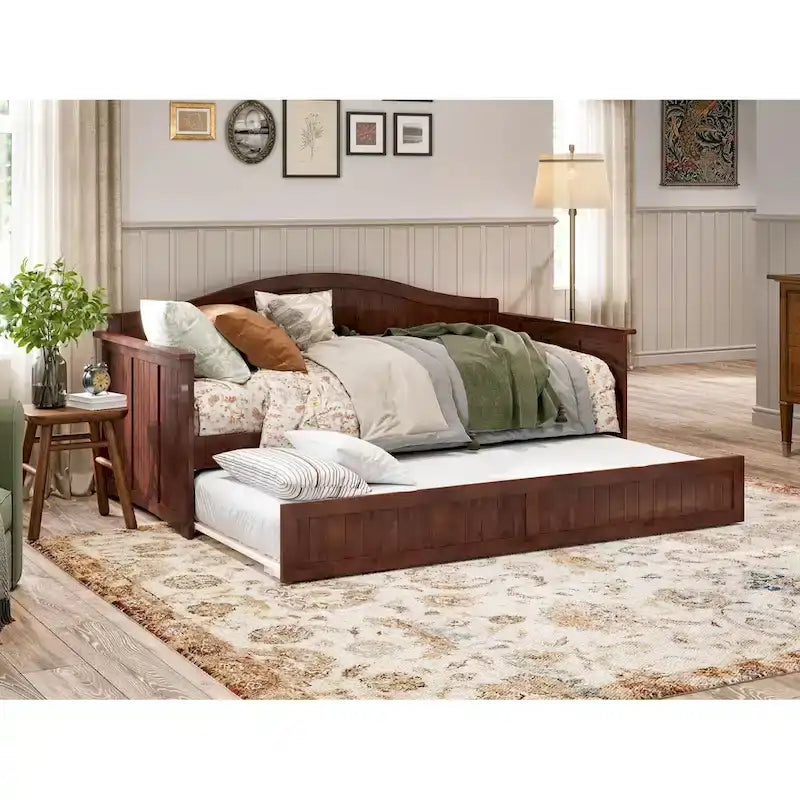 Lit de repos en bois Twin Beadboard avec lit gigogne, blanc / noyer / gris / caramel clair, pour 2