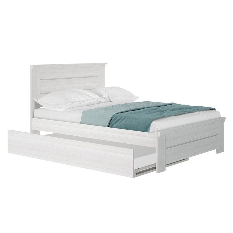 Lit double de style campagnard avec tête de lit à panneaux et lit gigogne, aspect bois flotté / blanc cérusé, pour 2+1