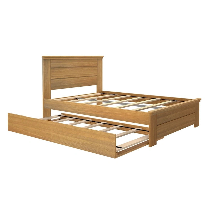 Lit double de style campagnard avec tête de lit à panneaux et lit gigogne, aspect bois flotté / blanc cérusé, pour 2+1