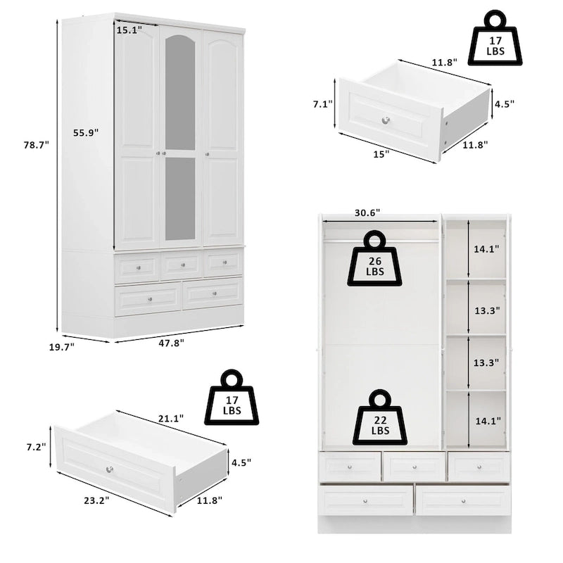 Armoire de chambre avec miroir, blanc, style moderne, simple