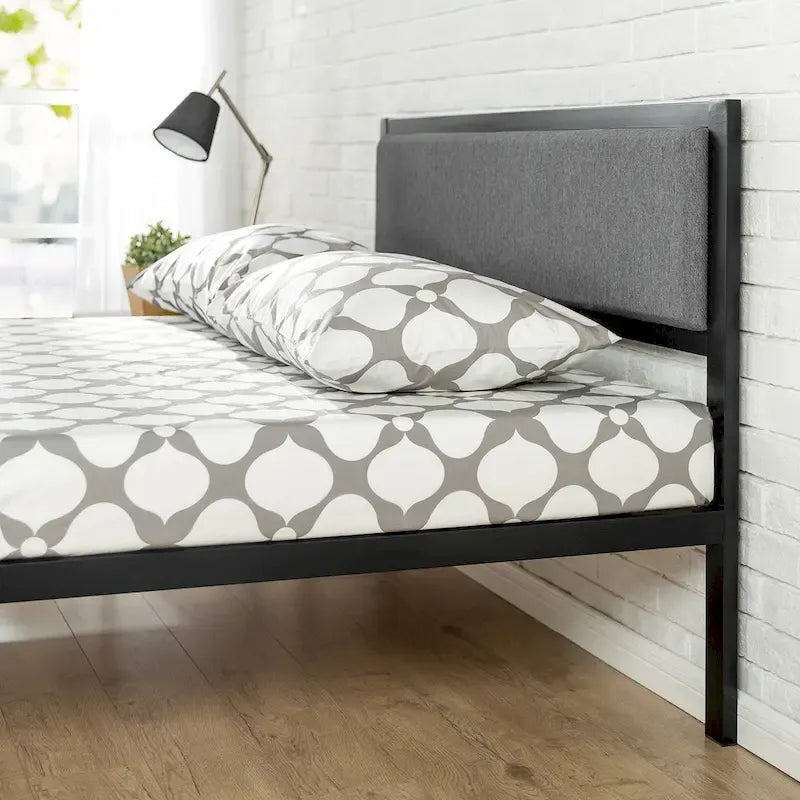 Lit plate-forme en acier avec tête de lit en tissu gris, noir, contemporain, simple / double / grand / très grand