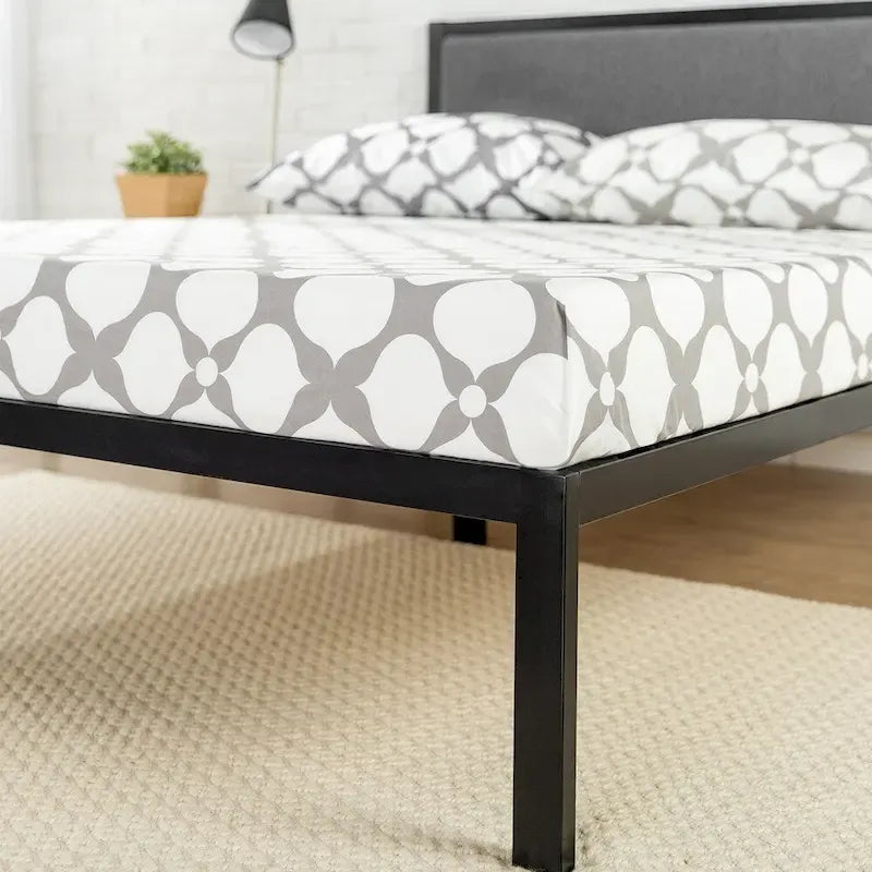 Lit plate-forme en acier avec tête de lit en tissu gris, noir, contemporain, simple / double / grand / très grand