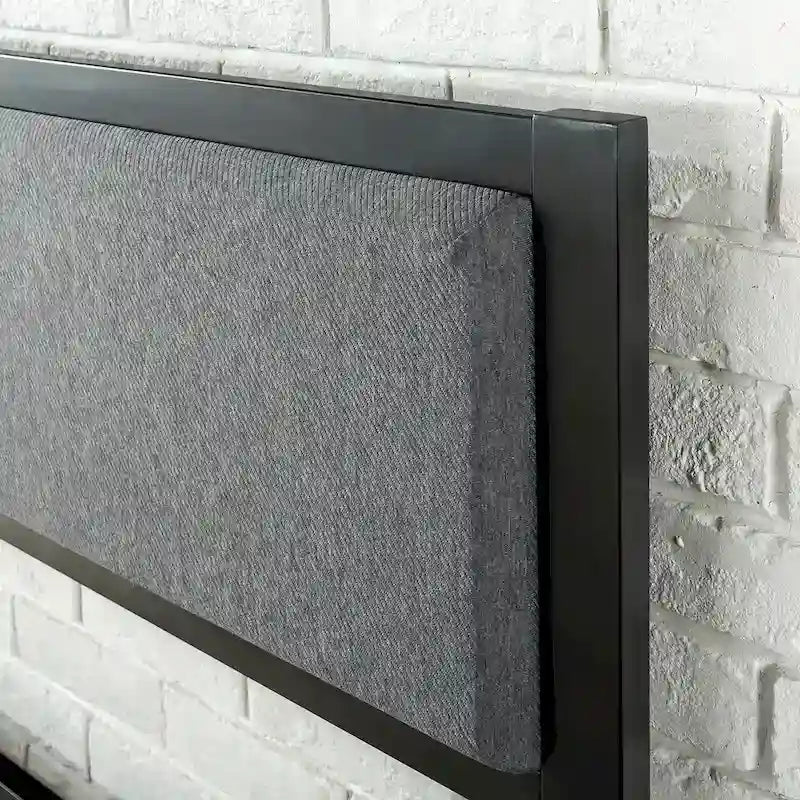 Lit plate-forme en acier avec tête de lit en tissu gris, noir, contemporain, simple / double / grand / très grand