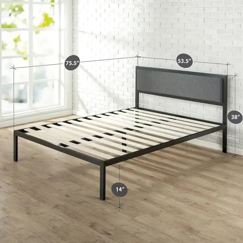 Lit plate-forme en acier avec tête de lit en tissu gris, noir, contemporain, simple / double / grand / très grand