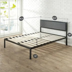 Lit plate-forme en acier avec tête de lit en tissu gris, noir, contemporain, simple / double / grand / très grand