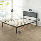 Lit plate-forme en acier avec tête de lit en tissu gris, noir, contemporain, simple / double / grand / très grand