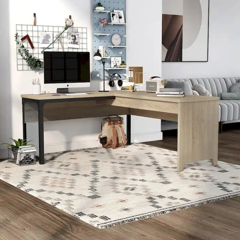 Bureau d'angle industriel à plateau relevable en chêne naturel avec cadre en fer, 65 po