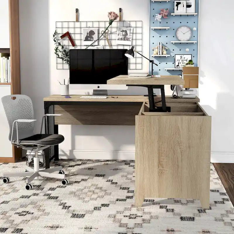 Bureau d'angle industriel à plateau relevable en chêne naturel avec cadre en fer, 65 po