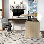 Bureau d'angle industriel à plateau relevable en chêne naturel avec cadre en fer, 65 po