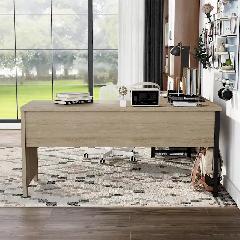 Bureau d'angle industriel à plateau relevable en chêne naturel avec cadre en fer, 65 po