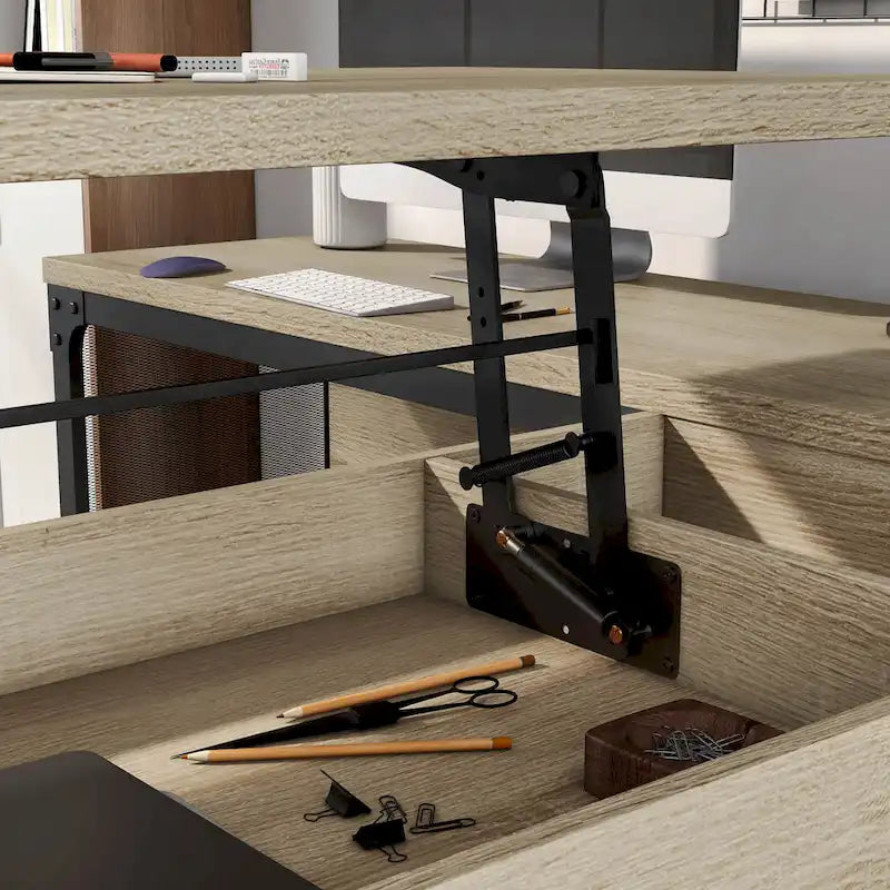 Bureau d'angle industriel à plateau relevable en chêne naturel avec cadre en fer, 65 po